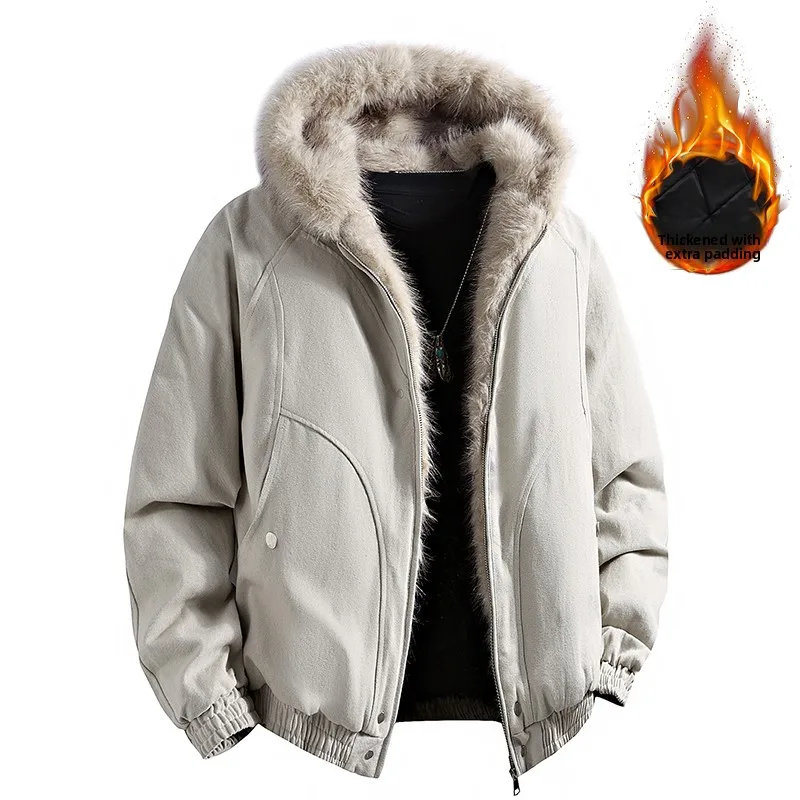 

Thiened Cotton Fce Lined Hooded Jaet for Men Retro Workwear Loose Warm Winter Cold Proof Jaet Outerwear Coat