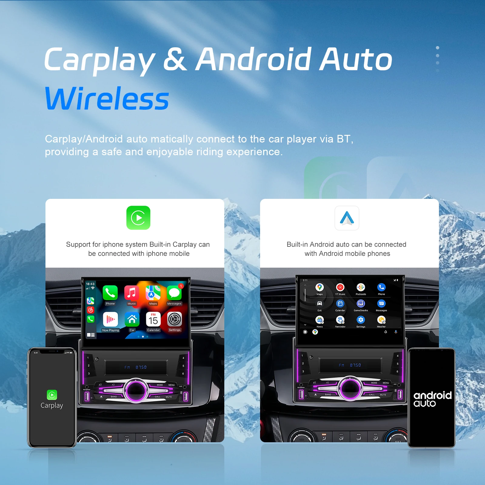 Podofo Android Car Stereo Doppio Din 7 '' Wireless Carplay Android Auto 2 + 64G Motorizzato Retrattile GPS WIFI FM RDS EQ TYPE-C