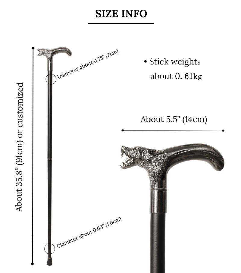Antique Silver Alloy Wolf Head Walking Cane with Curved Handle Detachable Decorative Stick for Cosplay Party Prop for Men And W