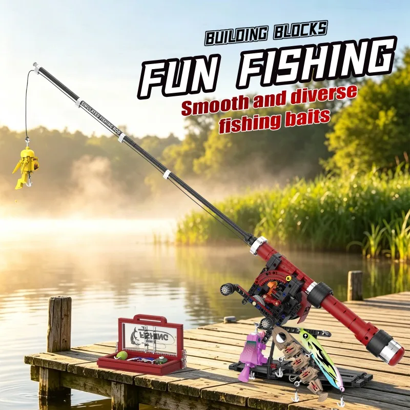 5 Types Fun Fishing Game Building Blocks Set Realistic Fishing Pole & Bait Bricks Model DIY Assembly Toy for Adults Collection