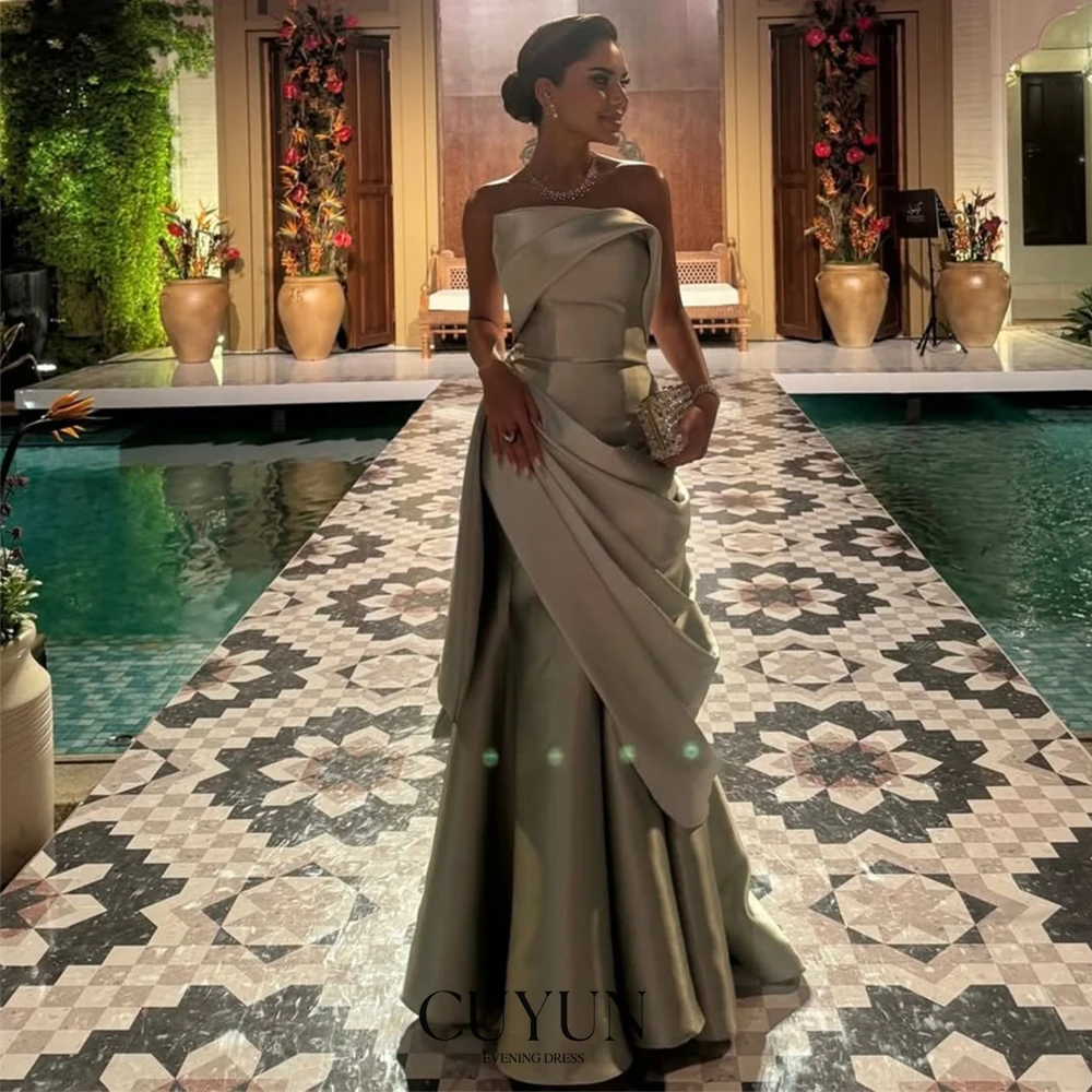 

CUYUN 2025 Satin Women Evening Dresses Formal Gown Customized A Line Pleated Strapless Prom Party Gown for Special Occasion