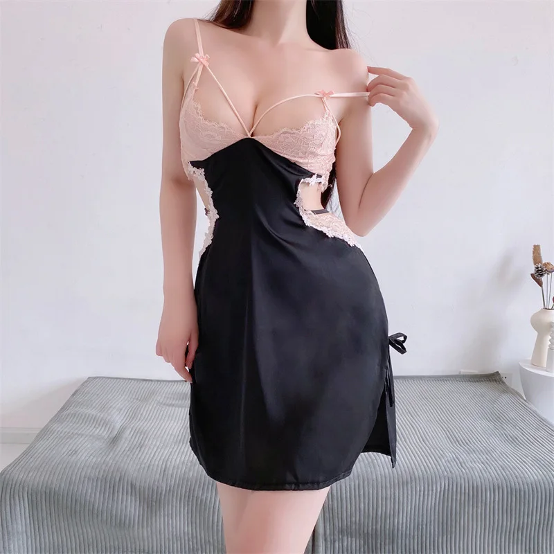 

Women Romantic Date Night Short Dresses Sexy Wife Honeymoon Nightdress Sling Backless Hollow Lace Nightgown Satin Pajamas