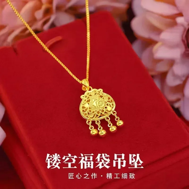 24K Yellow Gold Hollow-out Fuzi Pendant Boutique Necklace, 9999 Real Gold Necklace Wedding Engagement Fine Jewelry Gifts