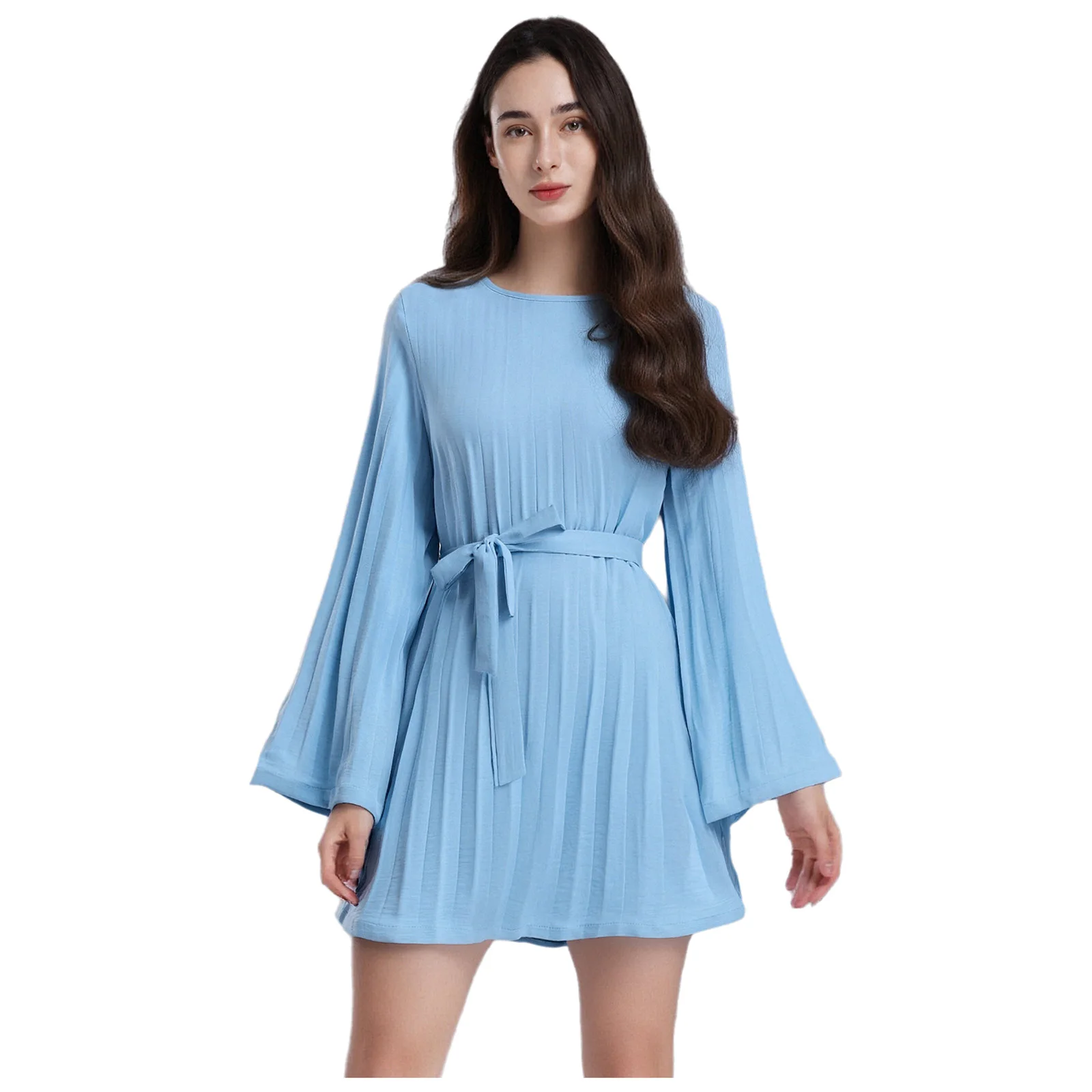 Minivestido liso para mujer, vestido plisado bohemio, elegante vestido plisado con cinturón acampanado de manga larga, vestido acampanado, ropa para mujer