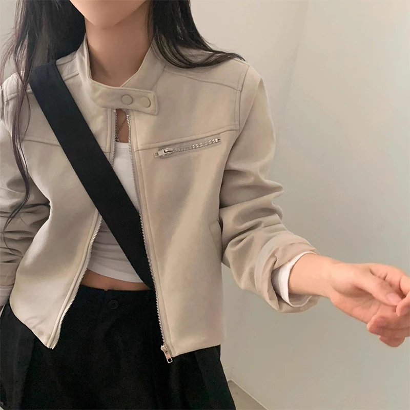 

Korean Chic Autumn New Niche Stand Up Collar Faux Suede Long Sleeved Zipper Motorcycle Suit Leather Jacket for Women