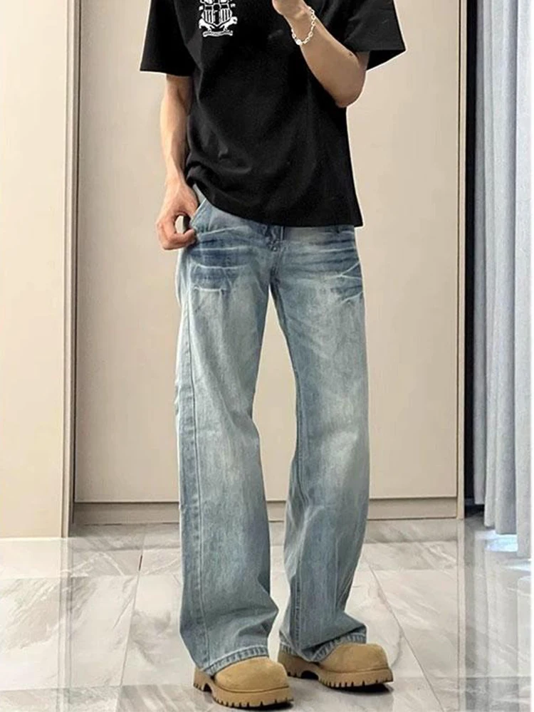 

Light Blue Lightning Pattern Flared Jeans Men Summer Thin High Street Vibe Knife Pants High Waist Lift Straight Leg Jeans