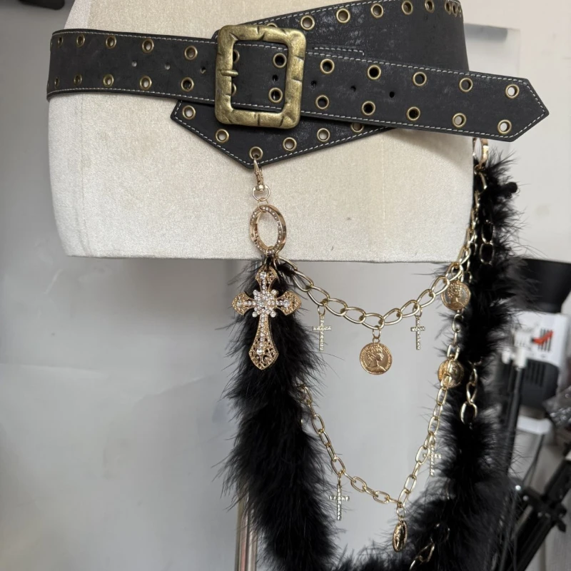 

Punk Studded Irregular Tortoise Belt Hairy Cross Chain Pu Personalized Belt Spice Girls Dark Jeans Accessory Belt
