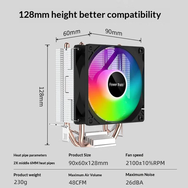 PowerTrain Tank DL200T Colorful Tower CPU Cooler with 2 Copper Tubes for Desktop Computer Air Cooling Fan 1700/115X/1200/775/AM5