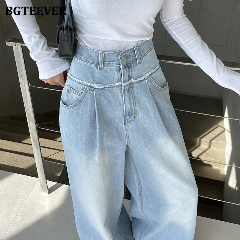 BGTEEVER 빈티지 하이 웨이스트 루즈 와이드 레그 청바지 여성용 봄 여름 포켓 여성 데님 바지