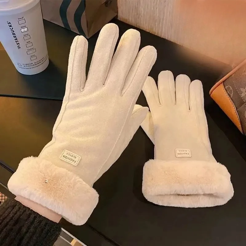 

Теплые удобные бежевые перчатки для сенсорного экрана с плюшевой подкладкой — обеспечивающие толстую и теплую зимнюю защиту для отдыха на свежем воздухе