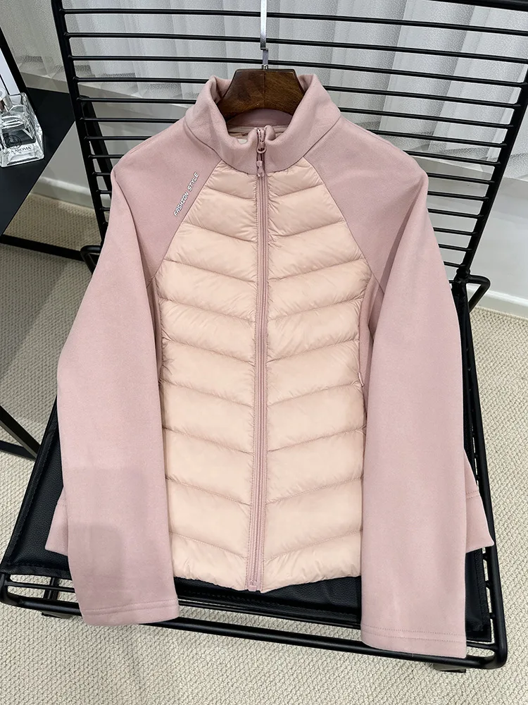 Autumn/Winter 90 White Duck Down Jacket Lightweight Outdoor Sports Yoga Wear Women's Spliced Stand Collar Short Jacket