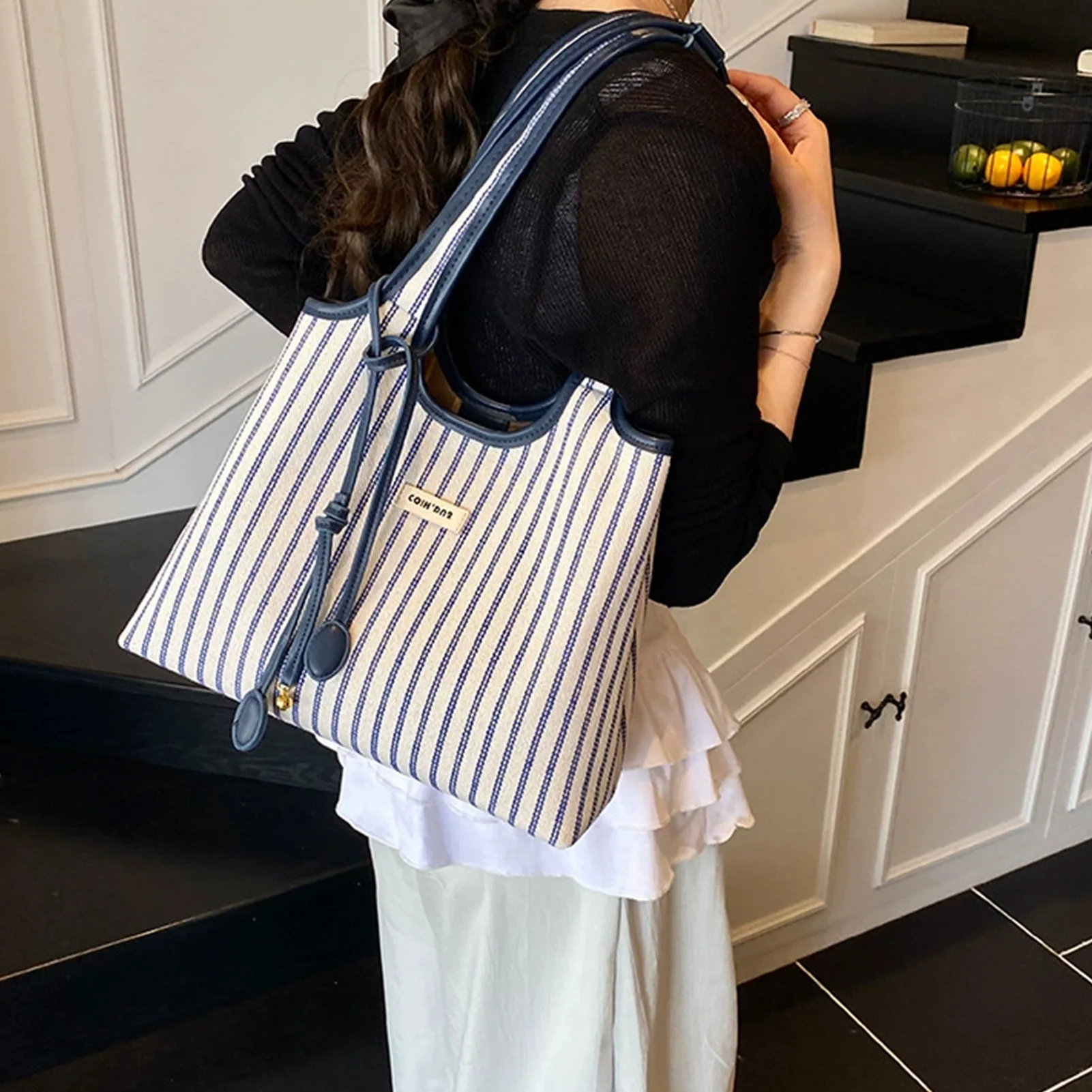 Striped Canvas Tote Bag for Women Large Capacity Shoulder Crossbody Bag Fashion Commute School Bag view 2