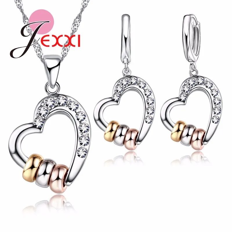 

Luxury Necklace Earrings Jewelry Sets Clear CZ Crystal Rhinestone Heart Shape Womens Jewelry Sets Wholesale