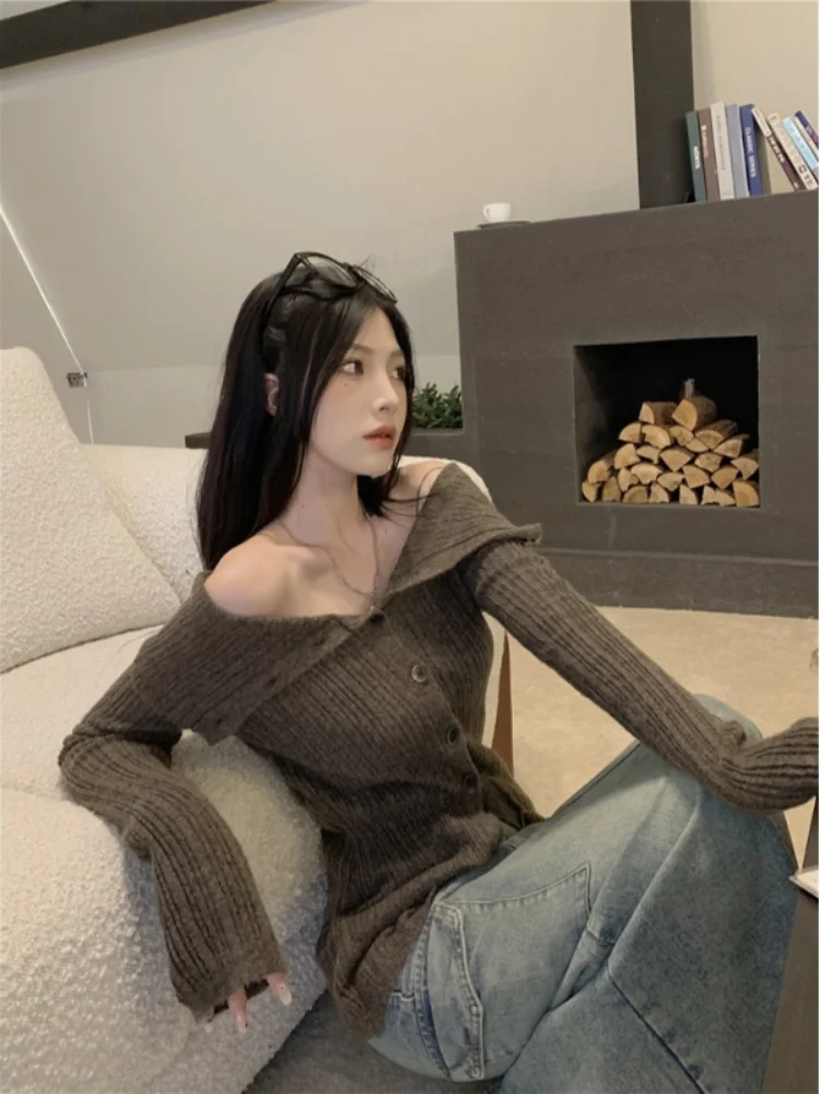 Y2k Aesthetic Slash Neck Long Sleeve Cardigan Women Korean Fashion Off Shoulder Knitted Sweater Casual Slim Sexy Kintwear Tops