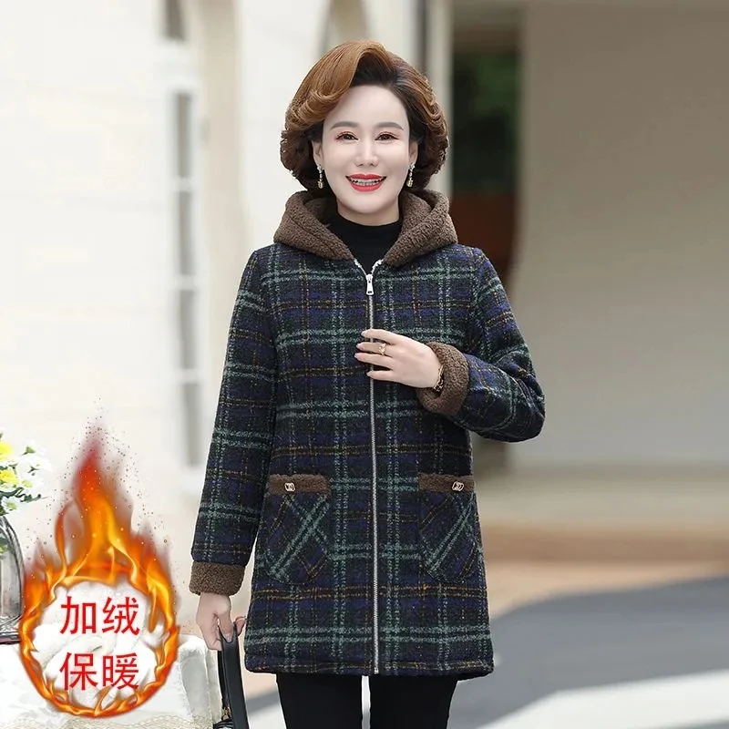 Long Coat In Winter Fleece Plaid Grain Velvet Middle-aged And Elderly Women Warm Hooded Cotton-padded Jacket In Autumn And Winte