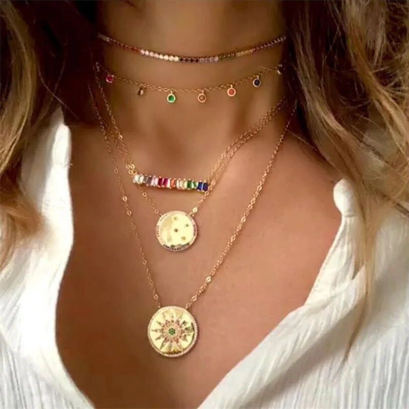 Bridal Fashion Rainbow Crystal Rhinestone Choker Necklace Women Wedding Accessories Tennis Chain Chokers Jewelry Collier Femme