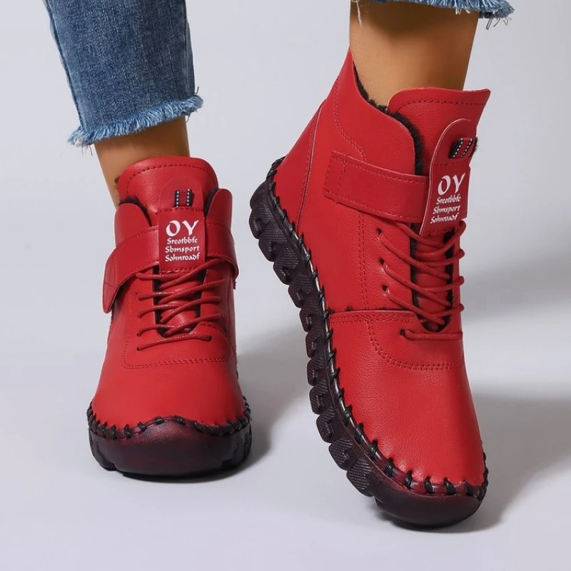 Women's Short Boots Winter Hook and Loop Fleece Lining Soft and Comfortable Flat-bottomed Padded Warm Handmade Cotton Shoes