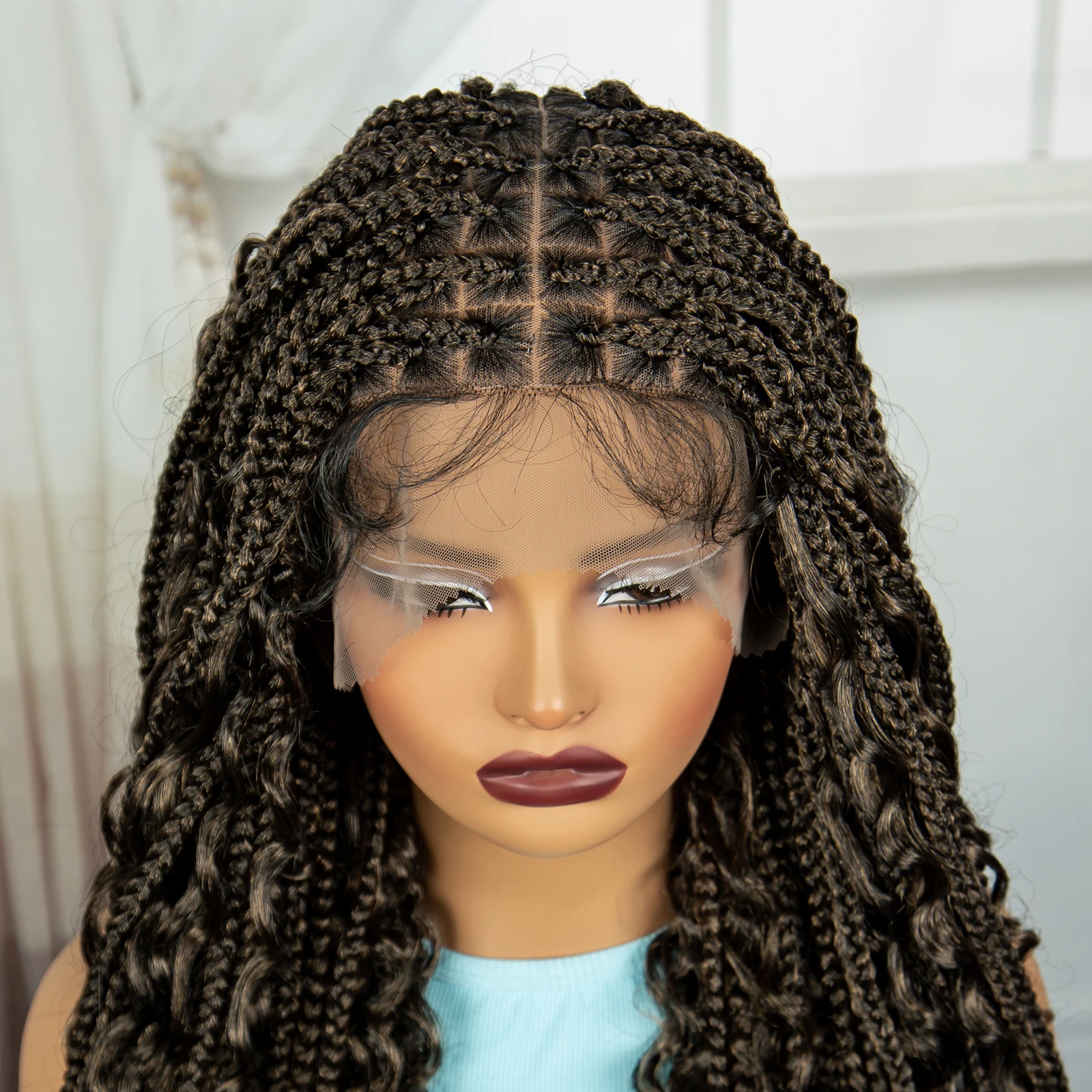 Full Lace Braided Wigs with Curly Ends Synthetic Ombre Knotless Box Braided Wigs with Baby Hair for Women Handmade Braided Wig