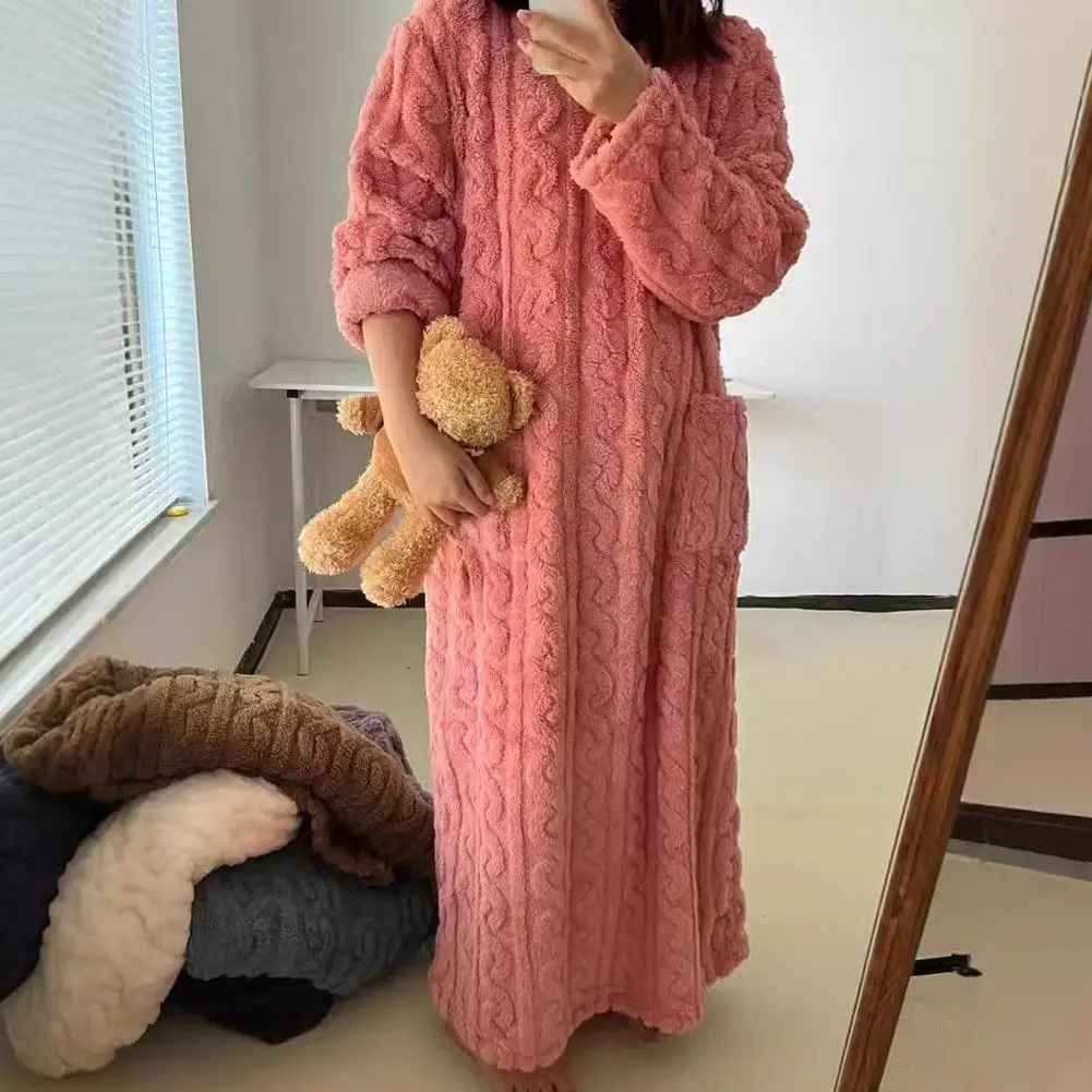 Winter Flannel Nightgowns Women Long Sleeve Loose Double Pocket Solid Sleepwear Jacquard Night Dress Thickened Warm Nightdress