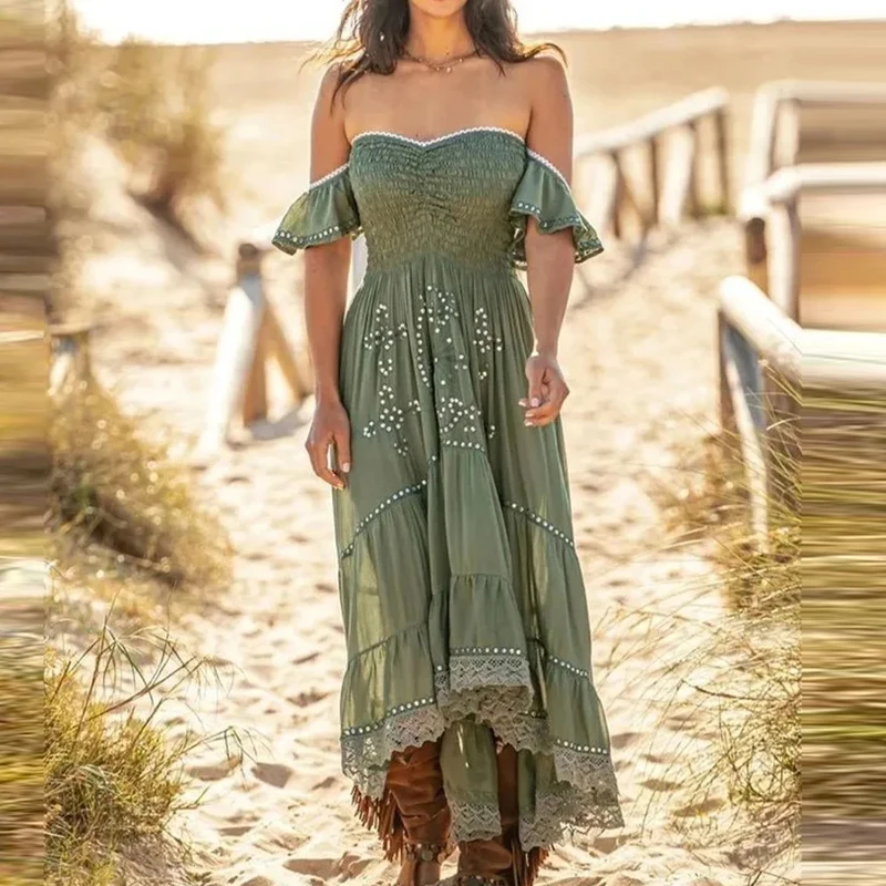 

Women's Sexy One Line Neck Bohemian Party Dress Summer New Vintage Petal Sleeve Lace Edge Elegant Holiday Dress For Women 2023