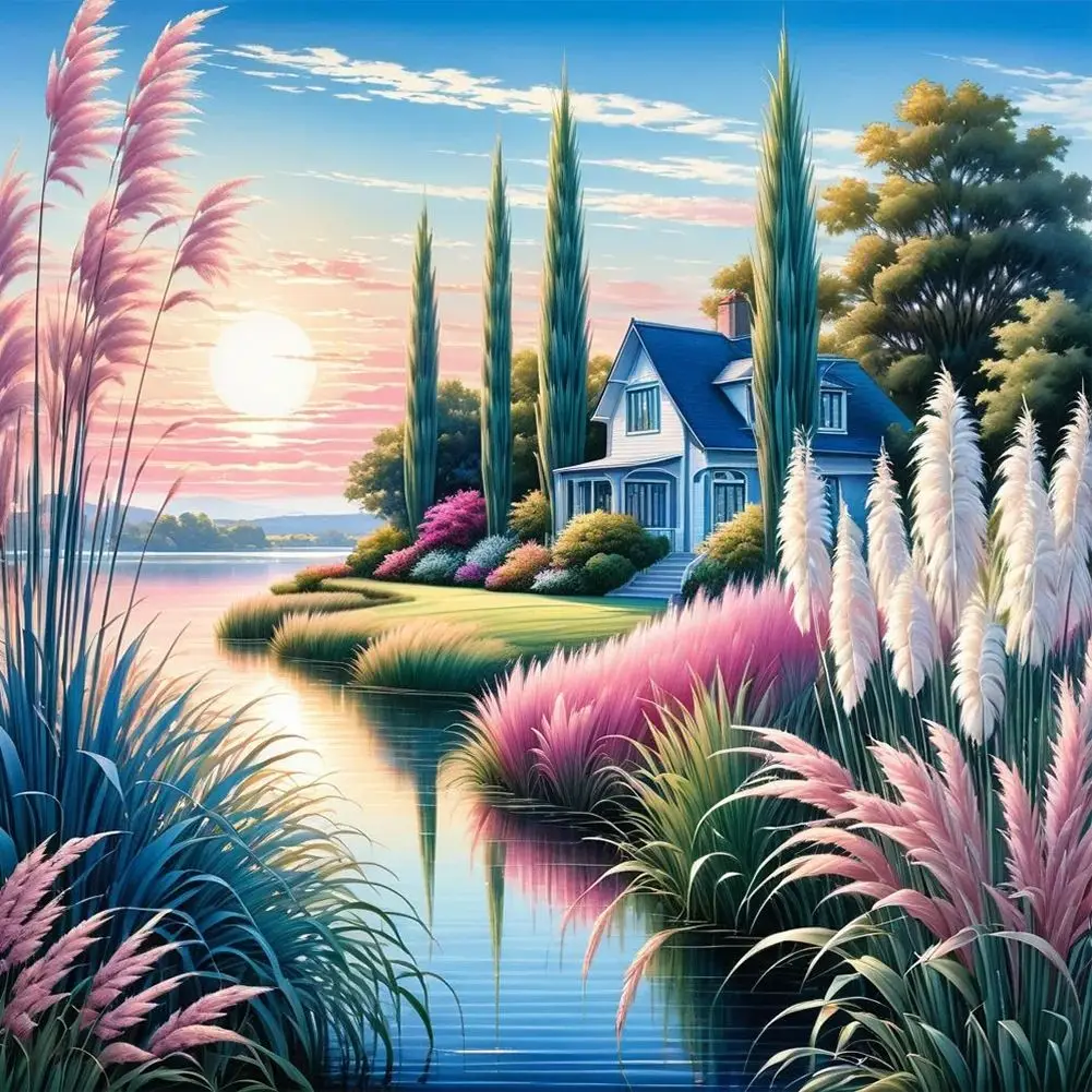 

SDOYUNO 5D Diamond Painting Full Square Lakeside Cottage Picture Of Rhinestone Diamond Embroidery Scenery Mosaic Sale Wall Decor