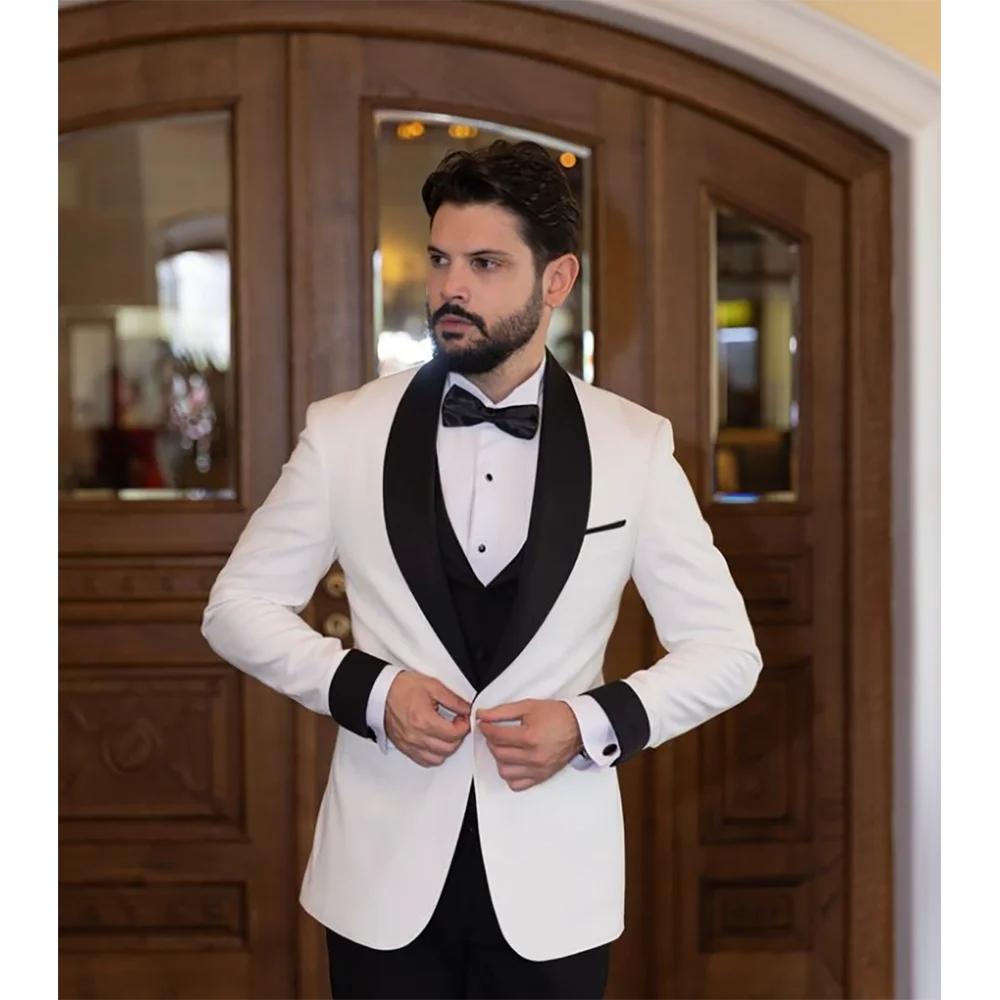 Gentlemen Handsome White Blazer Single Breasted Slim Men Suit 3 Pieces Peak Lapel Set Daily Fashion Jacket Black Pants and Vest）