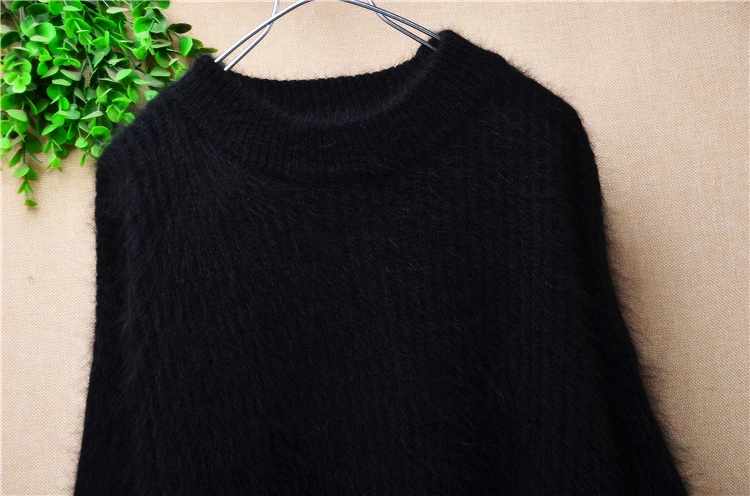 Female Women Spring Autumn Clothing Black Hairy Plush Mink Cashmere Knitted O-Neck Long Flare Sleeves Angora Fur Sweater Jumper