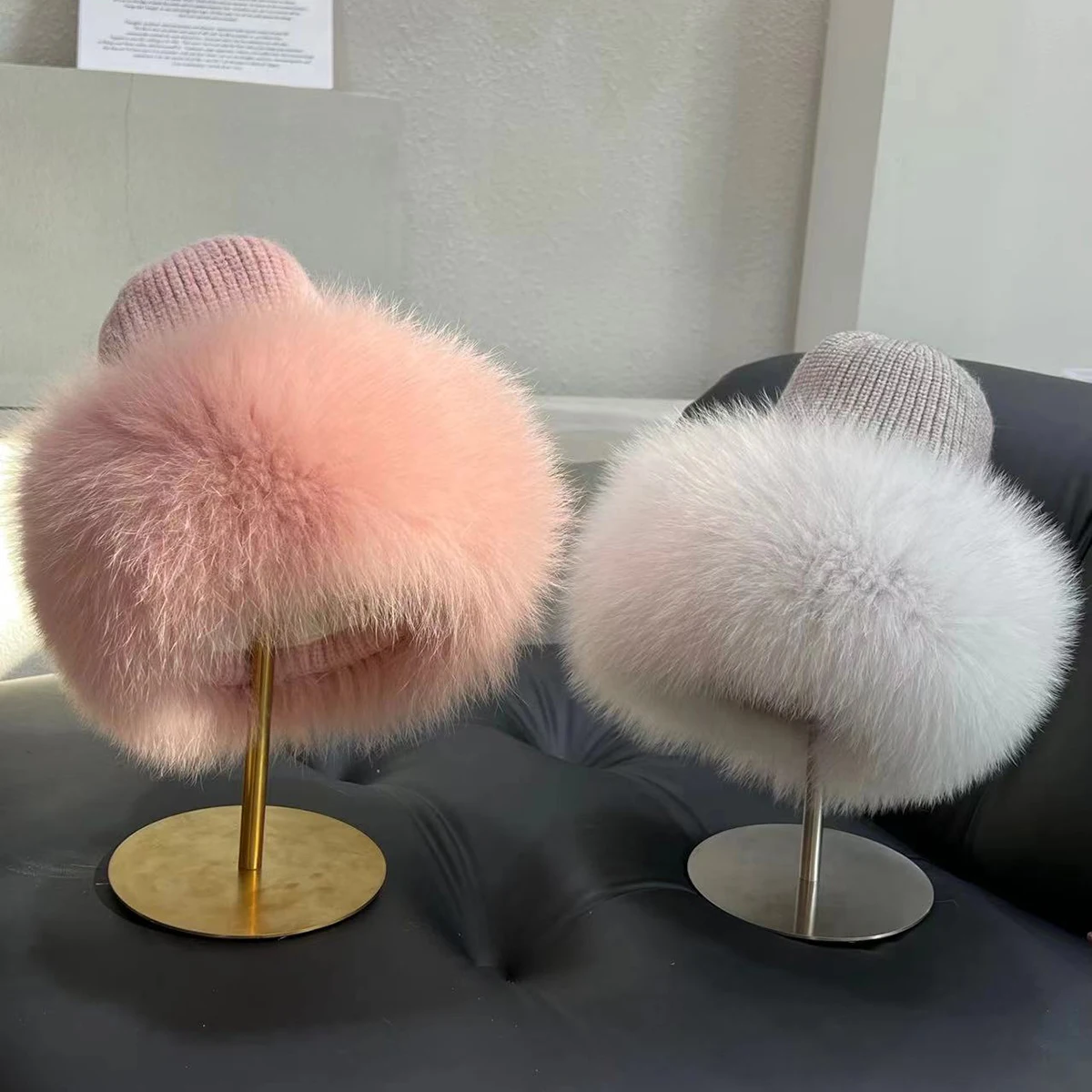 Neue Stilvolle Beanie Fuchs Pelz Hüte für Frauen Winter Warme Flauschigen Knochen Kappe Weiche Außen Dicke Natürliche Fuchs Pelz Hut Weibliche Kuppel Hüte – Detail 4
