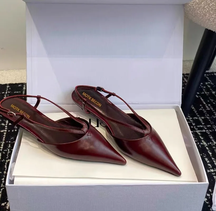 2026 Summer New Pointed Toe Sandals French Style Shallow Back Lace-Up Sandals Closed-Toe Thin Strap Combination Heeled Shoes