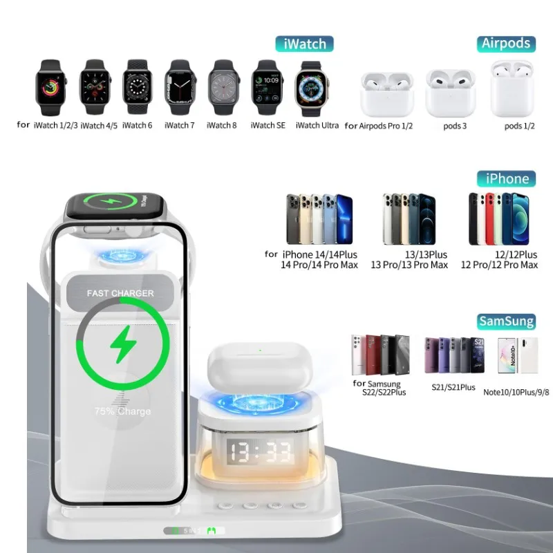 

Беспроводная зарядная станция с доставкой за 24 часа, 5-в-1, складная конструкция, с часами и ночником для смартфонов, белая
