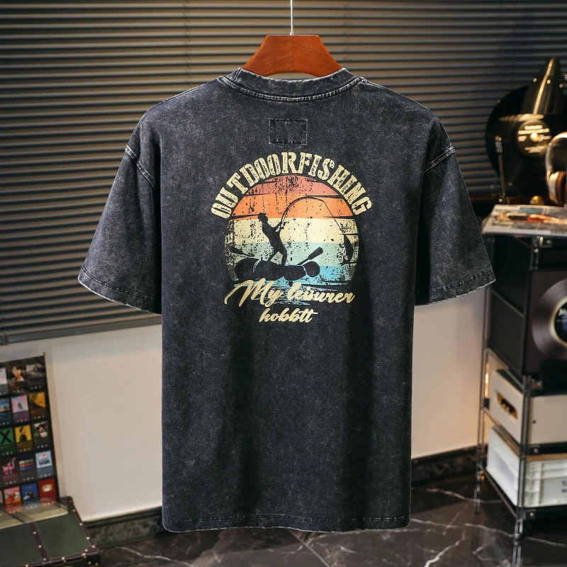 Men's Summer Heavyweight American Vintage Printed Loose Half Sleeve Versatile Daily Casual Basic T-Shirt