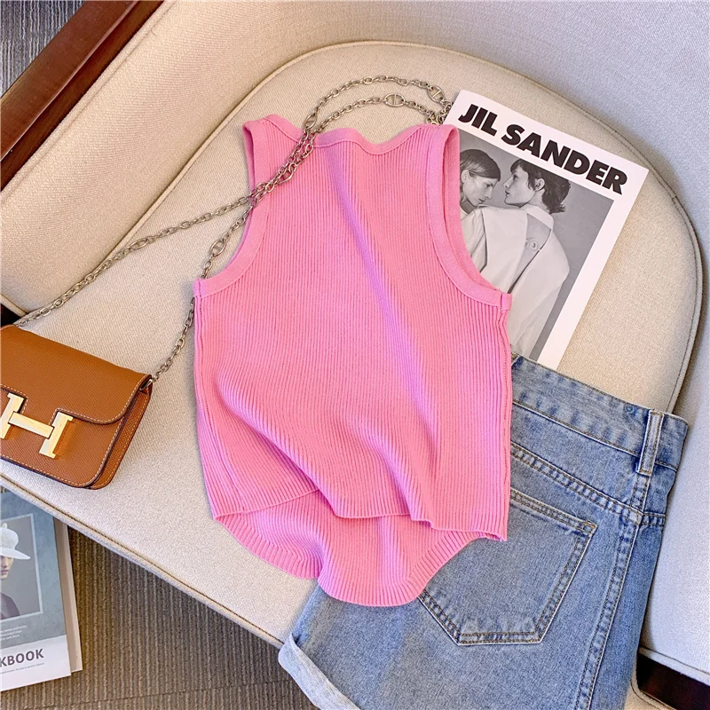 Streetwear Slim Knit Sweater Vests Women 2023 Summer Sleeveless Round Neck Pullover Crop Tops Fashion Chic Sexy Knitwear