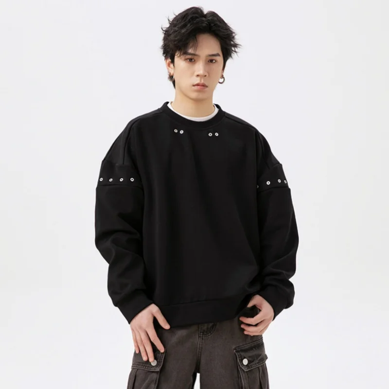 American Retro Splicing Round Neck Pullover Sweatshirt Men Metal Rivet Splicing Soft Top Solid Colour