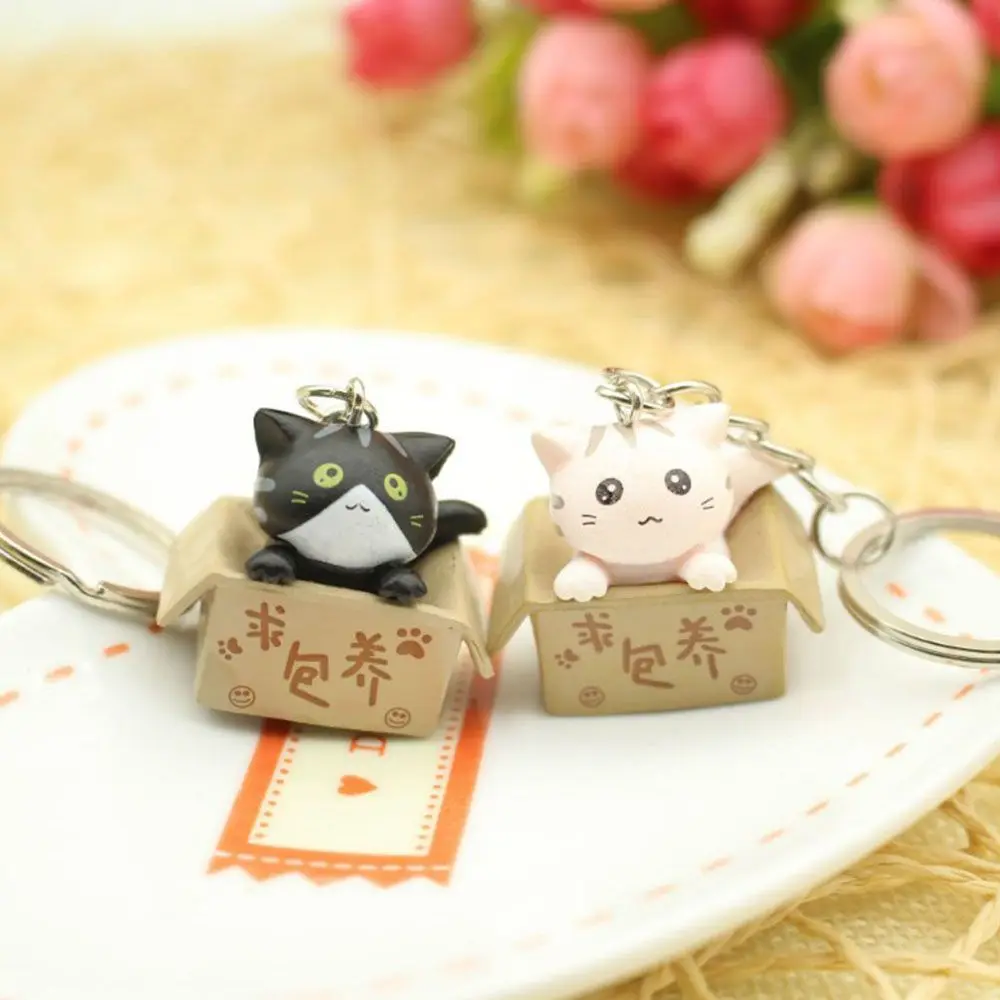 Cartoon Fashion Little Cat Ornaments Box Resin Keychain Bag Charm Pendant For Men Women Key Ring