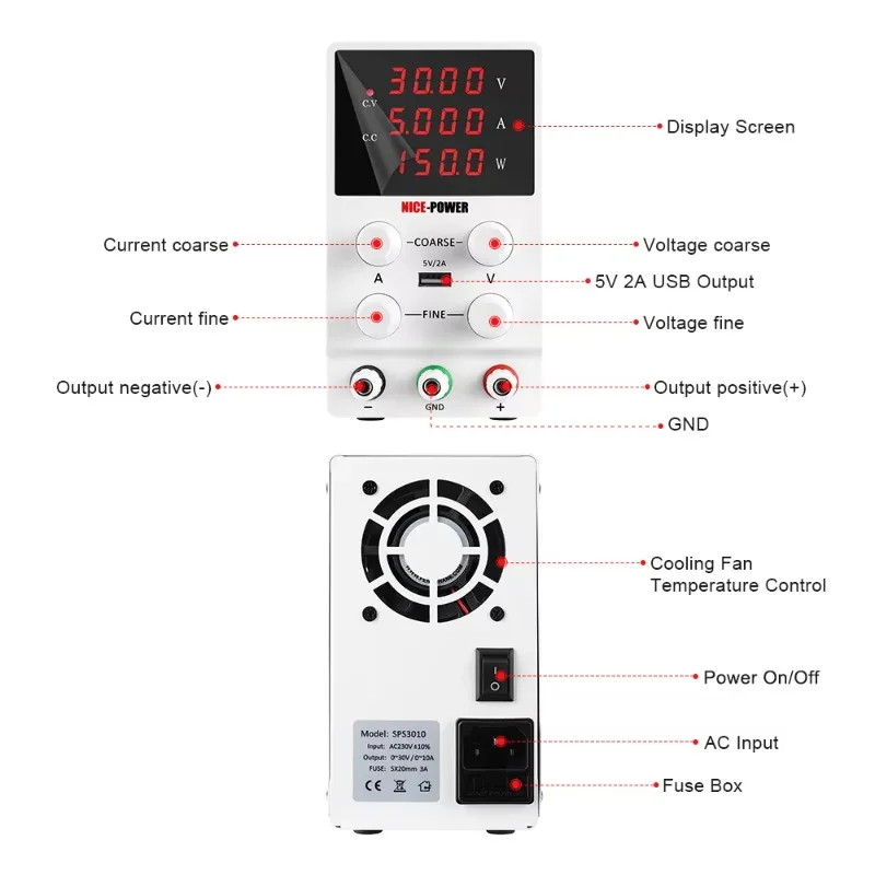 

POWER SPS305 30 В 5 А Источник питания постоянного тока Регулируемый импульсный источник питания Четыре цифровых 3 комплекта с диафрагмой для ремонта телефона