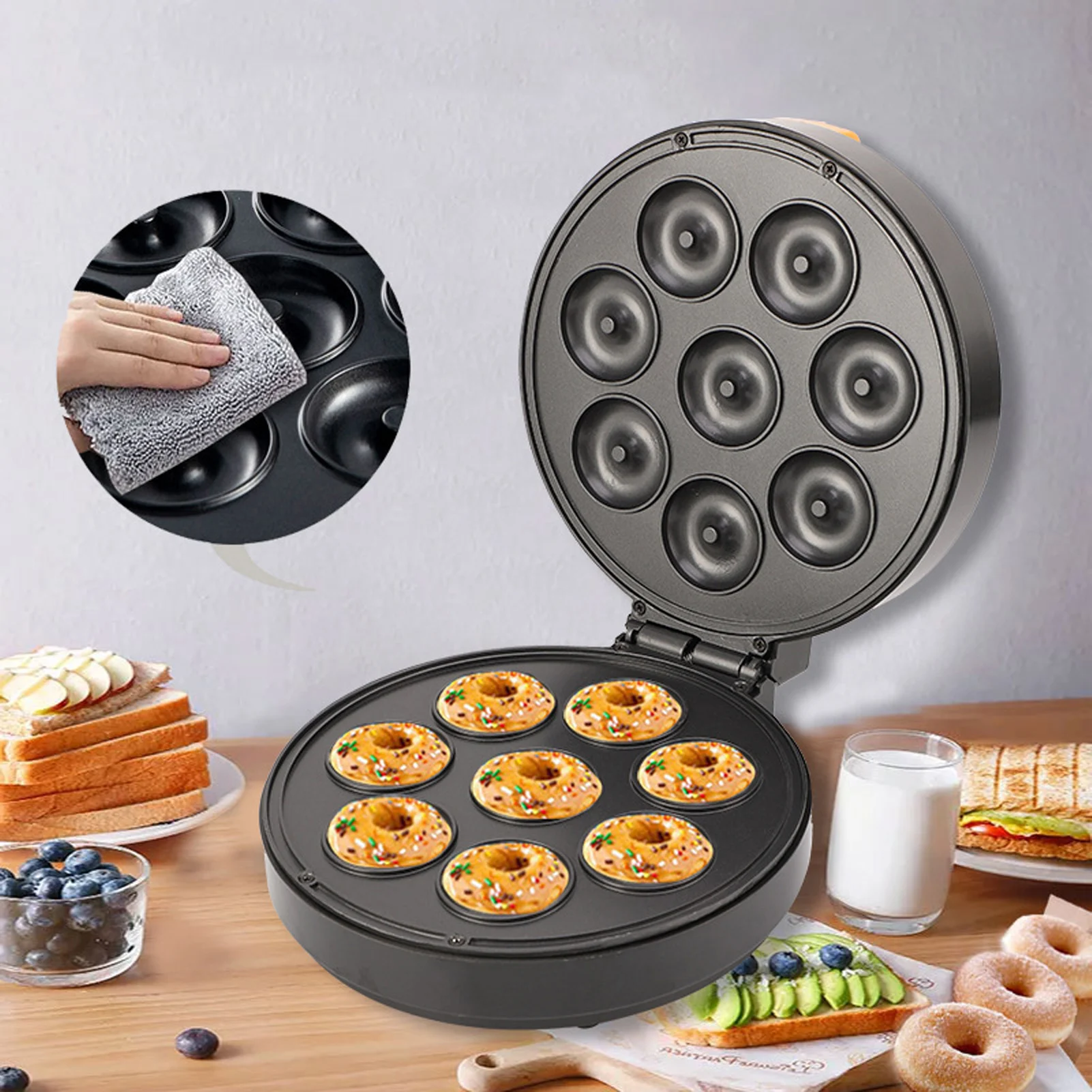 

1400W Mini Donut Maker Machine Non-stick Surface for Kids Breakfast Snack Desserts Makes 8 Doughnuts 110-220V