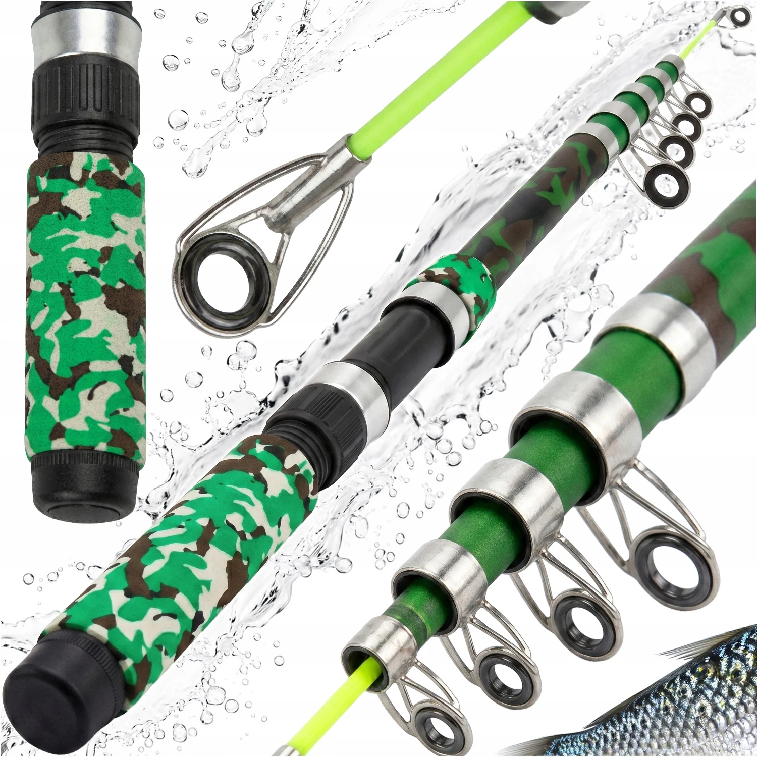 Canne à pêche télescopique 2,1 m, couleur verte, poids de lancer 80-120 g, action rapide, blank composite, poignée en mousse EVA, 5 guides, longueur de transport compacte 46 cm, légère 130 g, canne de pêche en eau douce pour débutants, avancés, matchs et pêches au vif, kit complet.