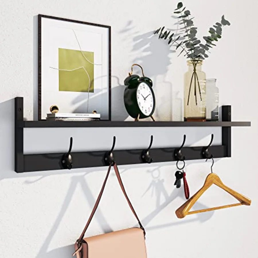 

Wall Hooks with Shelf Entryway Hanging Wood Coat Hooks with Shelf Wall-Mounted Coat Hook Rack with 5 Dual Hooks for Bathroom, L