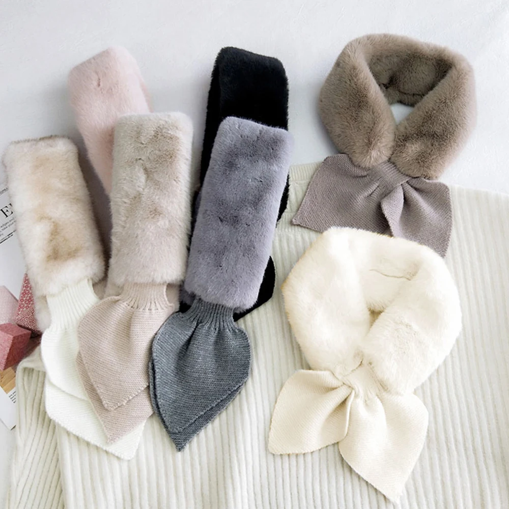 2023 Korean Winter Faux Rabbit Fur Scarf Women Soft Plush Women\'s Scarf Winter Knitted Neck Collar Neck Warmer Shawl Cross Scarf