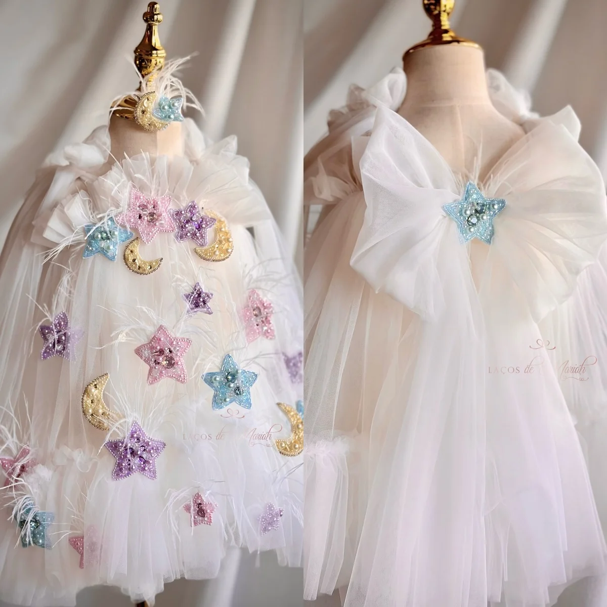 Star Moon Kids Birthday Dresses Customized Feather White Flower Girl Dresses for Wedding Party Baby Girls Prom Gowns