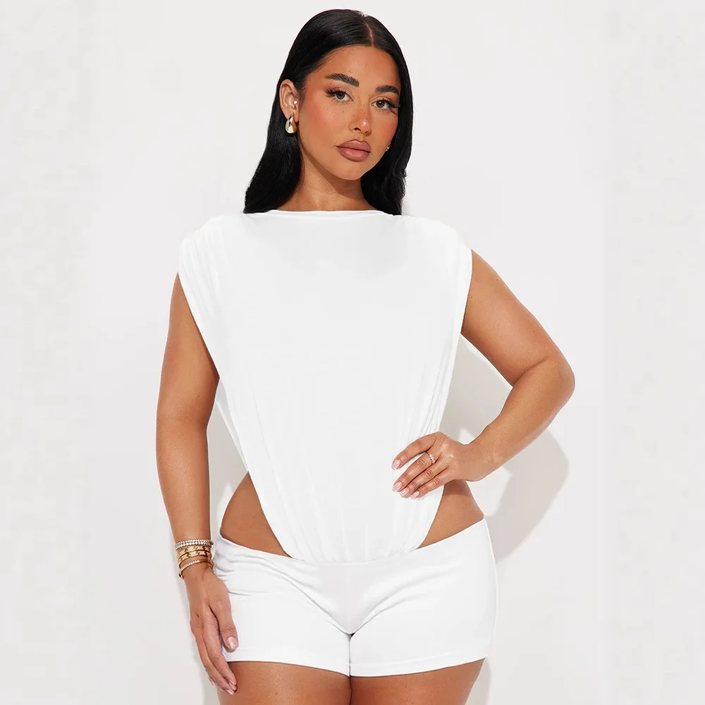 Bangniweigou side open Round-neck tank Bodysuit with Tight mini Shorts Two-piece Set women unusual black outfits