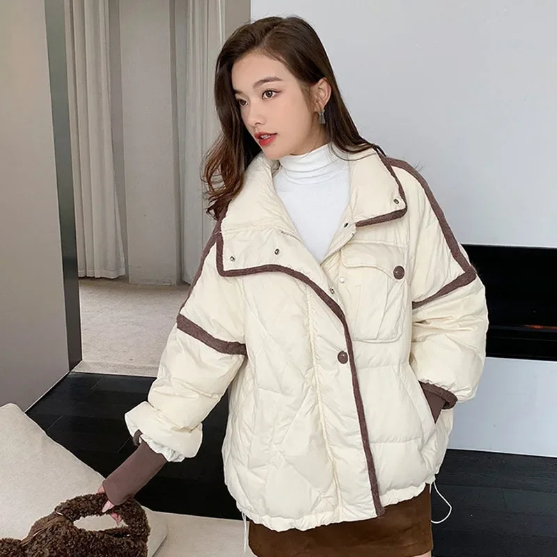 

Women Down Winter Coat 2023 Fashion Thick White Duck Down Jacket Loose Color Matching Personality Warm Feminine Outerwear