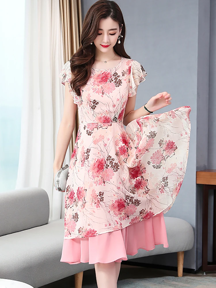 2024 Pink Floral Ruffle Casual Boho Beach Kawaii Sundress Women Chic Sexy Prom Midi Dress Korean Elegant Bodycon Evening Vestido