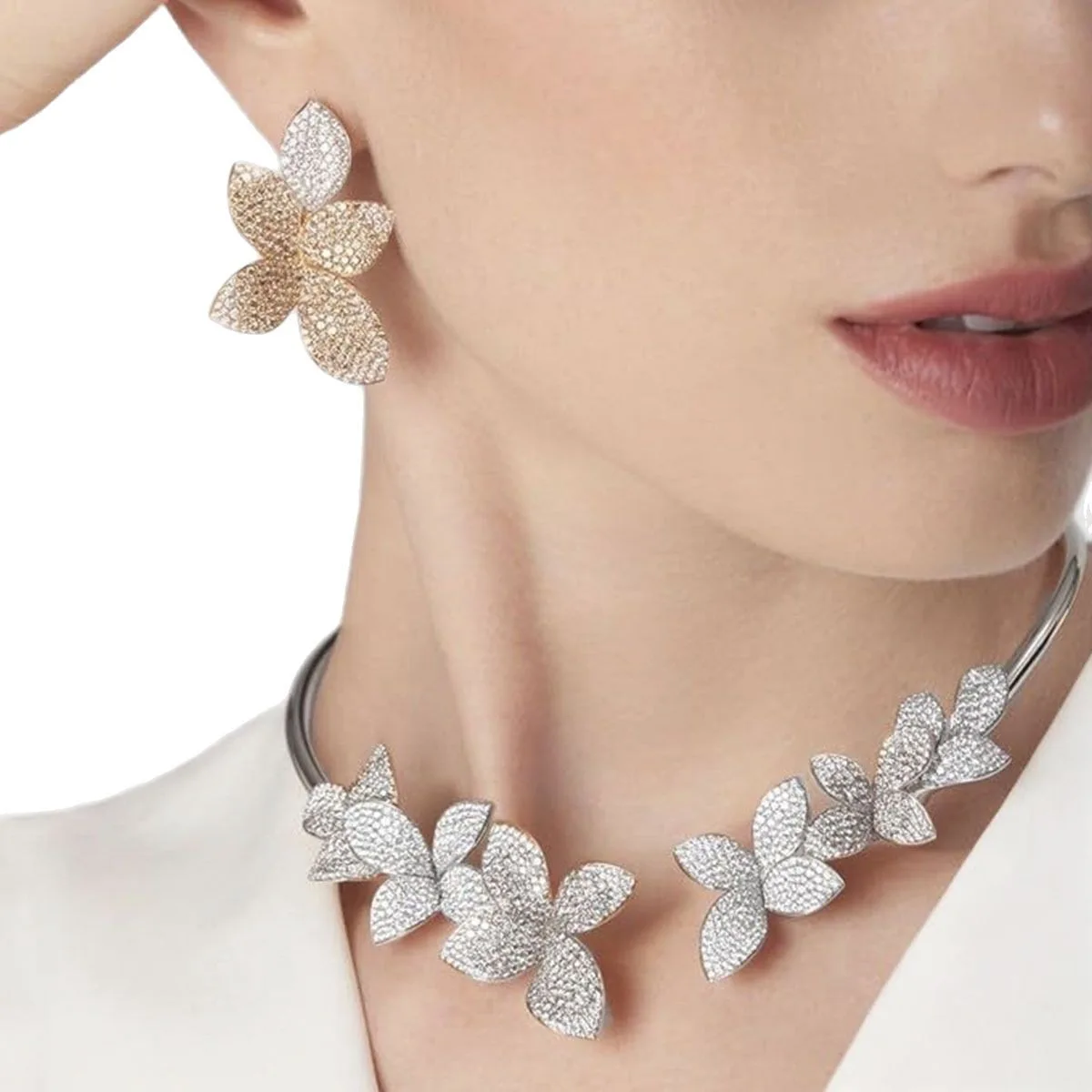 AY Luxury Trendy AAA Full Zircon Flower Choker Necklace Earrings Bangle Ring Sets For Women Wedding Party Evening Dress Jewelry