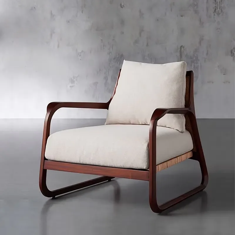 Vintage Nordic Rattan Sofa Chair Solid Wood Recliner Casual Living Room Bedroom Bar Hotel Use Single Person