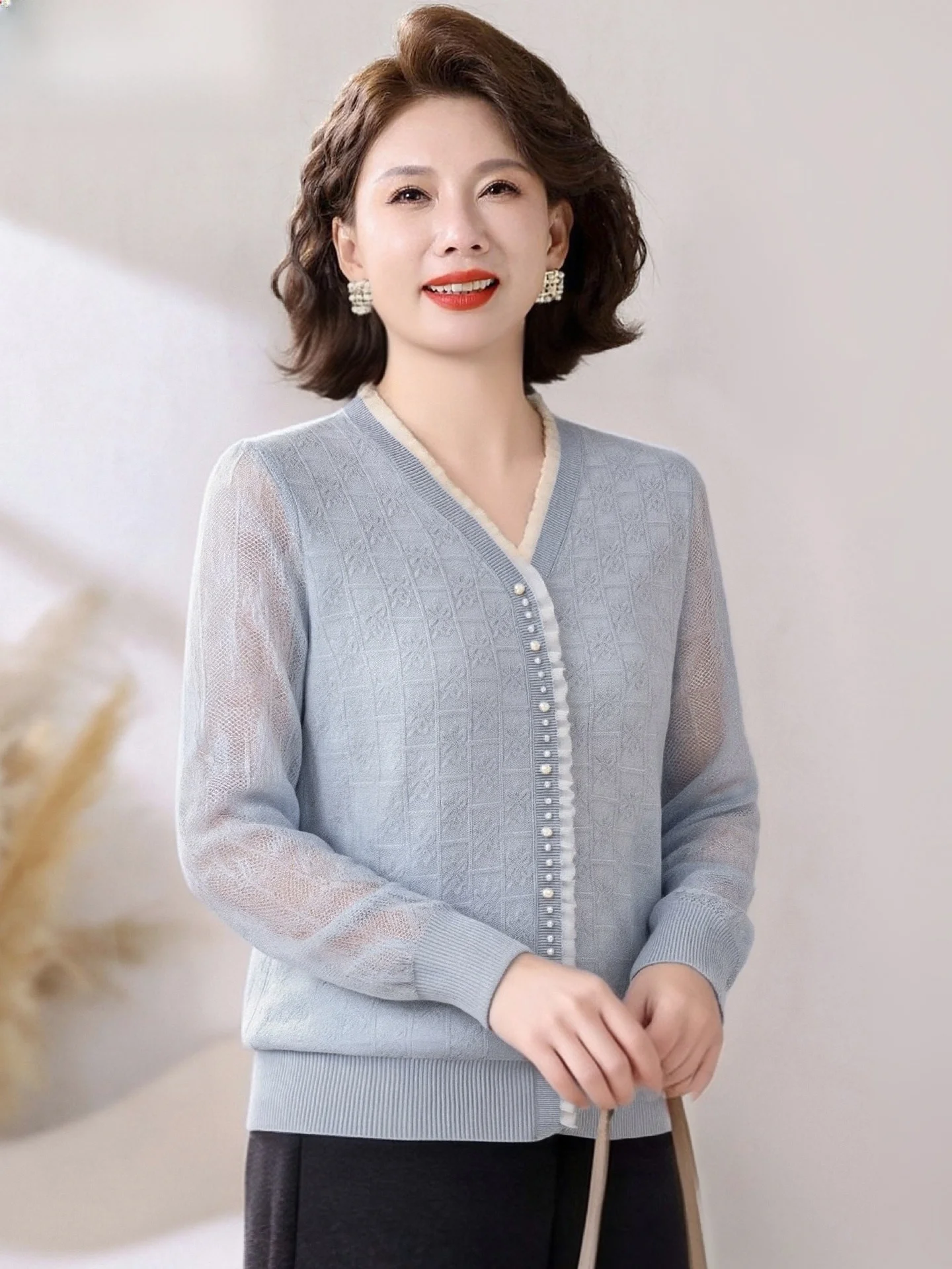 

Весенний вязаный тонкий базовый топ для женщин, модная одежда для мам среднего и старшего возраста, свободный крой