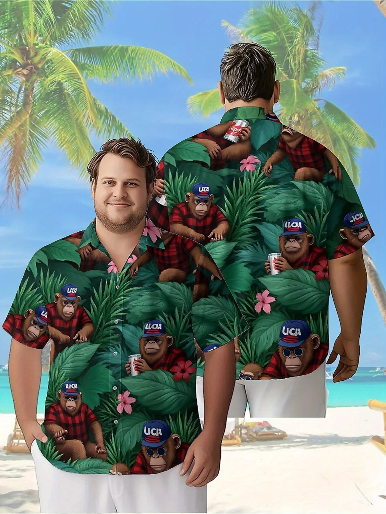 Men's Plus Size Hawaiian Shirts Tropical Jungle Monkey Theme Pattern, Button Up Shirts, Unisex Casual Clothing, Summer Tops