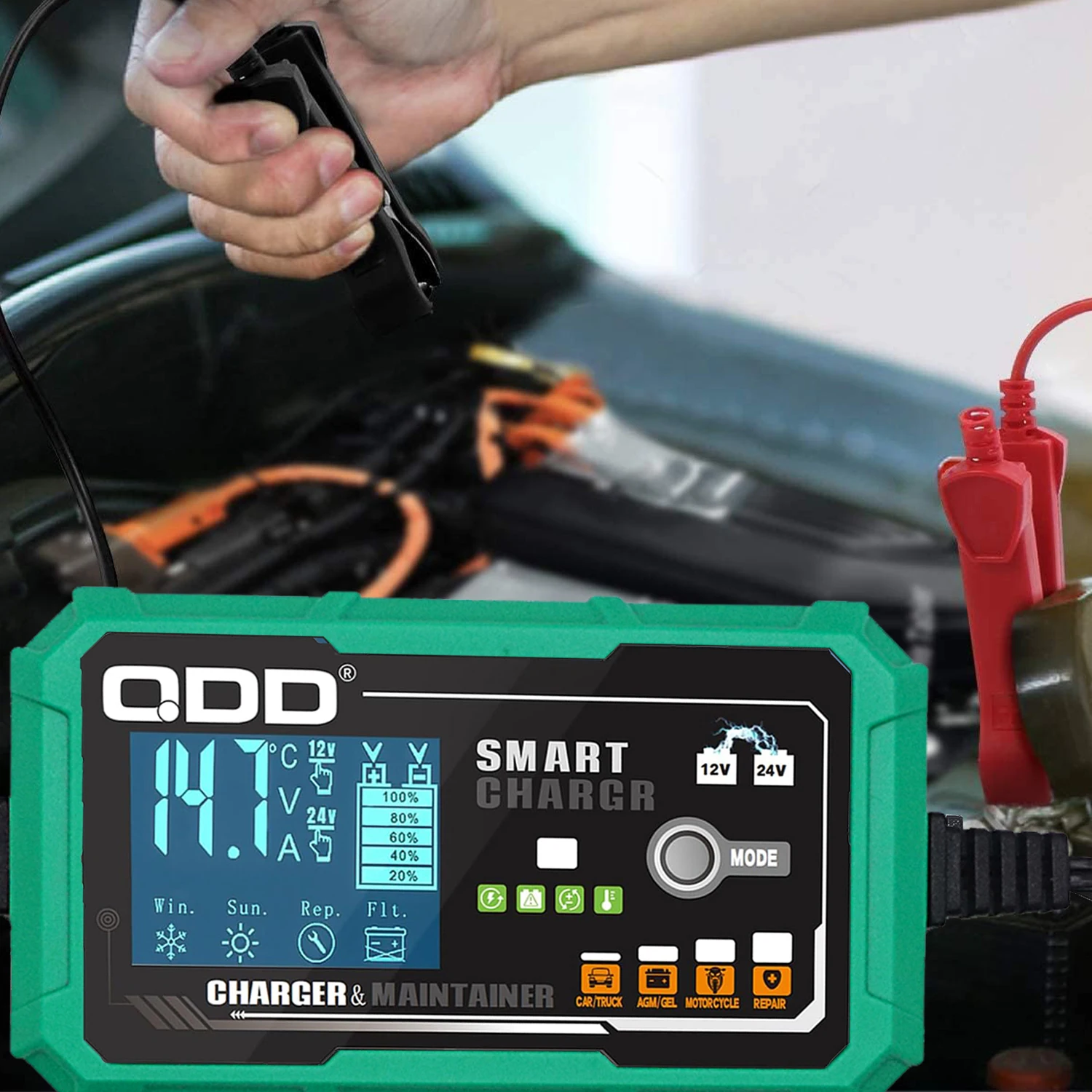 QDD Car Battery Charger 12V 24V/ 3A 2ASmart Battery Trickle Charger Automotive 12V for Car Truck Motorcycle Lead Acid Batteries