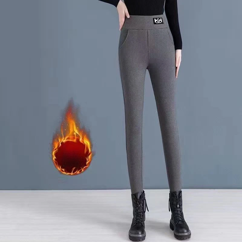 New High Street Lamb Wool Plus Fleece Leggings Women Winter Thicken High Waist Bodycon Thermal Solid Color Elastic Waist Trouser