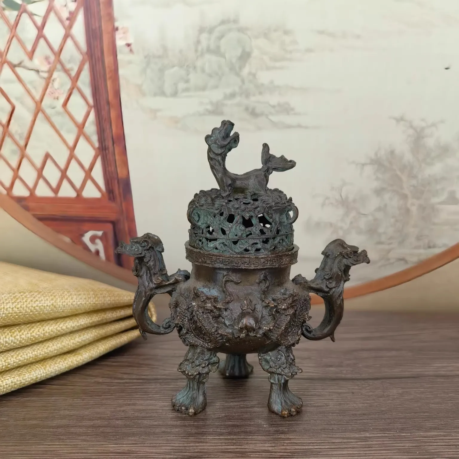 9CM Old China Copoper Dyansty Dragon Dog 2 Ear Incense Burner Censer